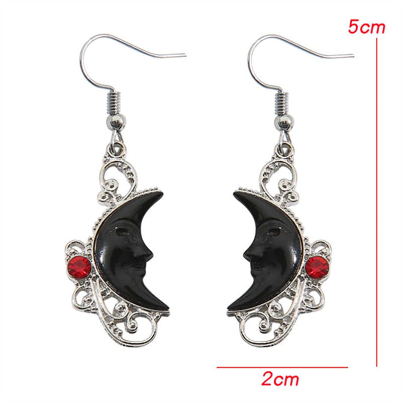 Wholesale  hollow  personality carved gem black moon sun face earrings