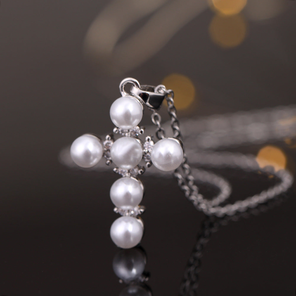 Wholesale Trendy 18K Gold Plated Pearl Cross Pendant Necklace For Women Fashion Jewelry Accessory