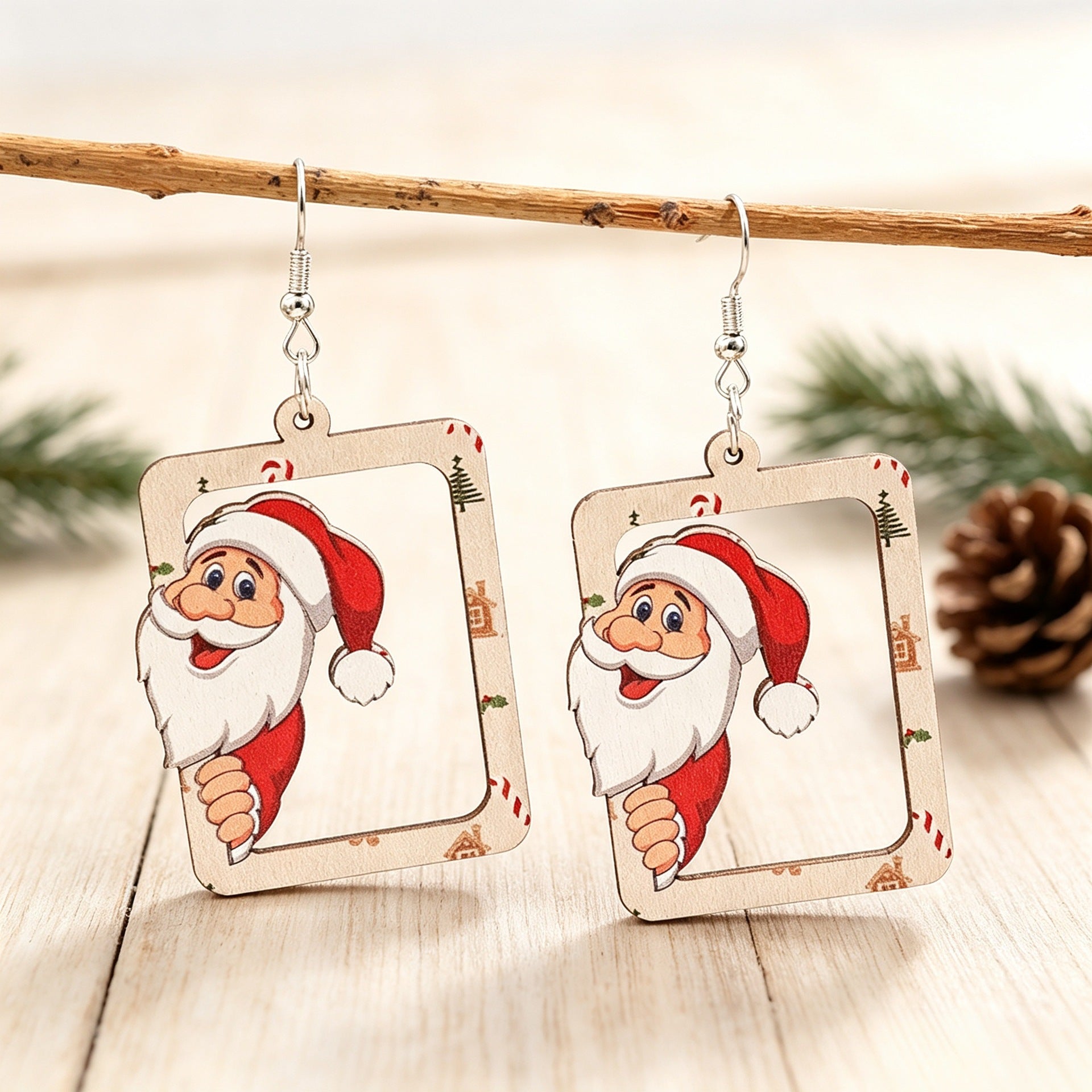 Wholesale Christmas Wooden Earrings Hollow Square Frame Santa Reindeer Print Party Jewelry Accessory