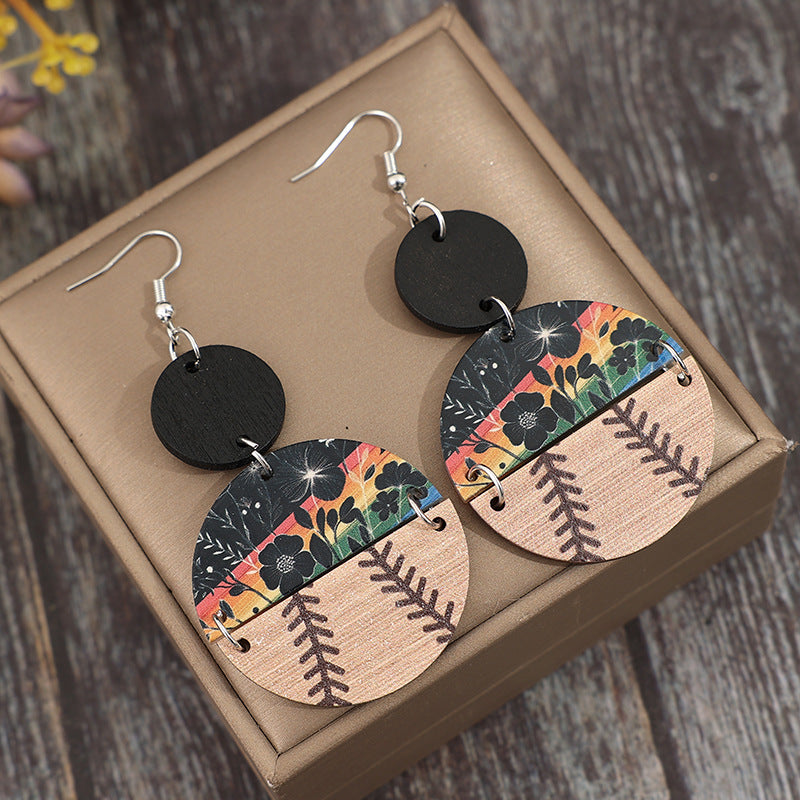 Wholesale Retro style semicircle stitching flower baseball wooden ladies earrings