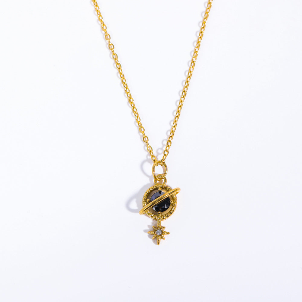 Wholesale Stainless Steel Vintage Light Luxury vintage Saturn Gem Pendant Necklace