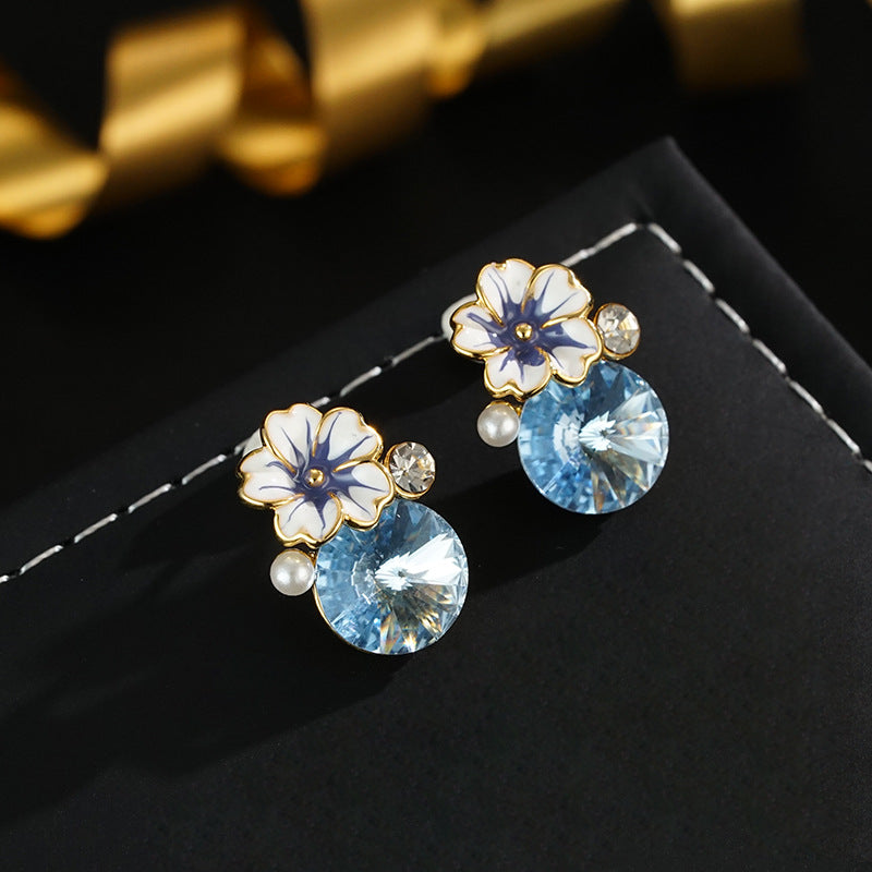 Wholesale  Camellia Drop Glaze Earrings S925 Silver Needle Retro Versatile Earrings