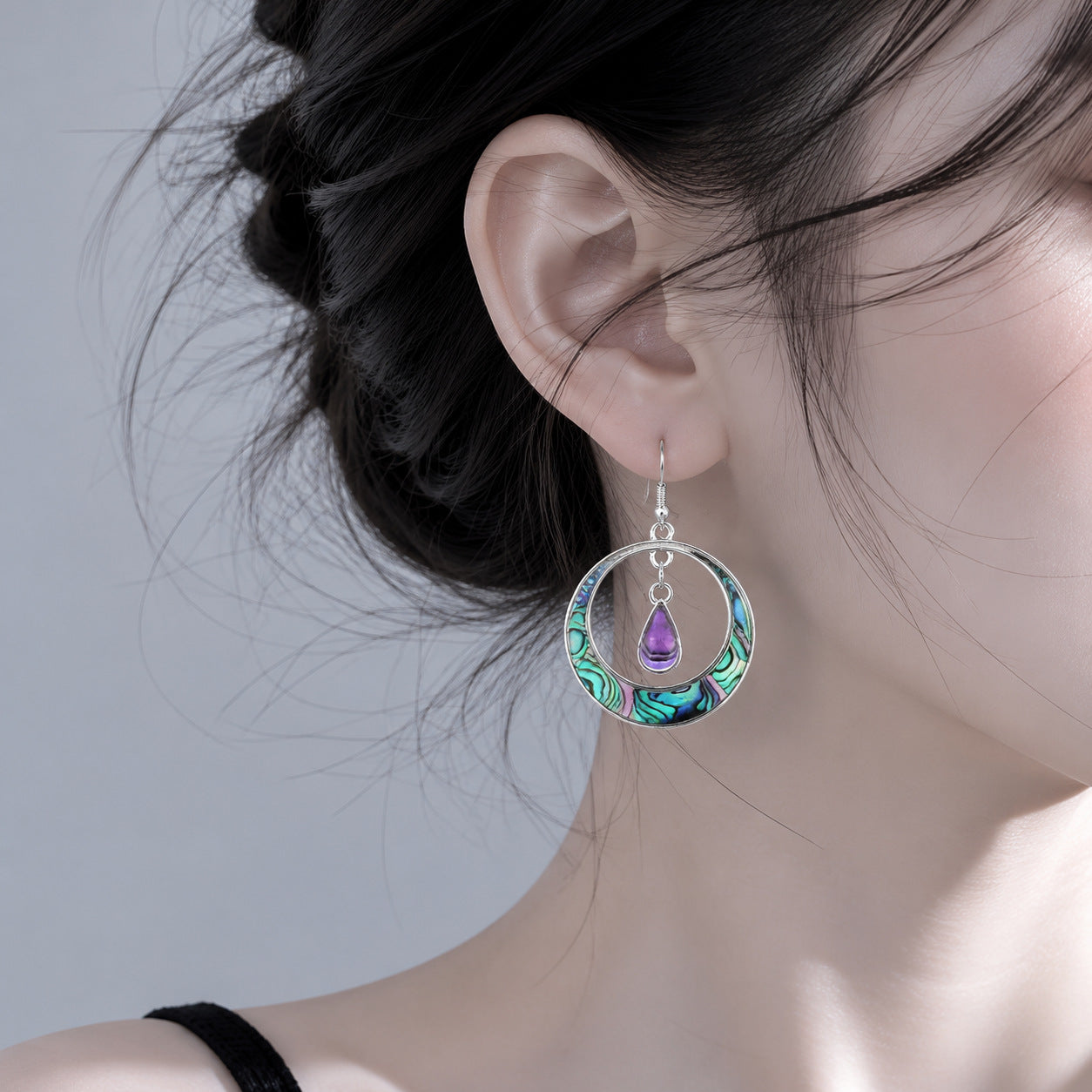 Wholesale Bohemian Hollow Circle Teardrop Purple Gem Palace Style Alloy Earrings Fashion Accessory Gift For Party Boutique Resale