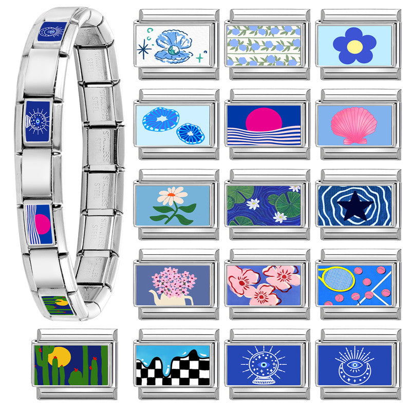 Wholesale 9mm Italian Charm Starter Bracelets Blue series DIY square Single Section Creative Stainless Steel Composable Bracelet