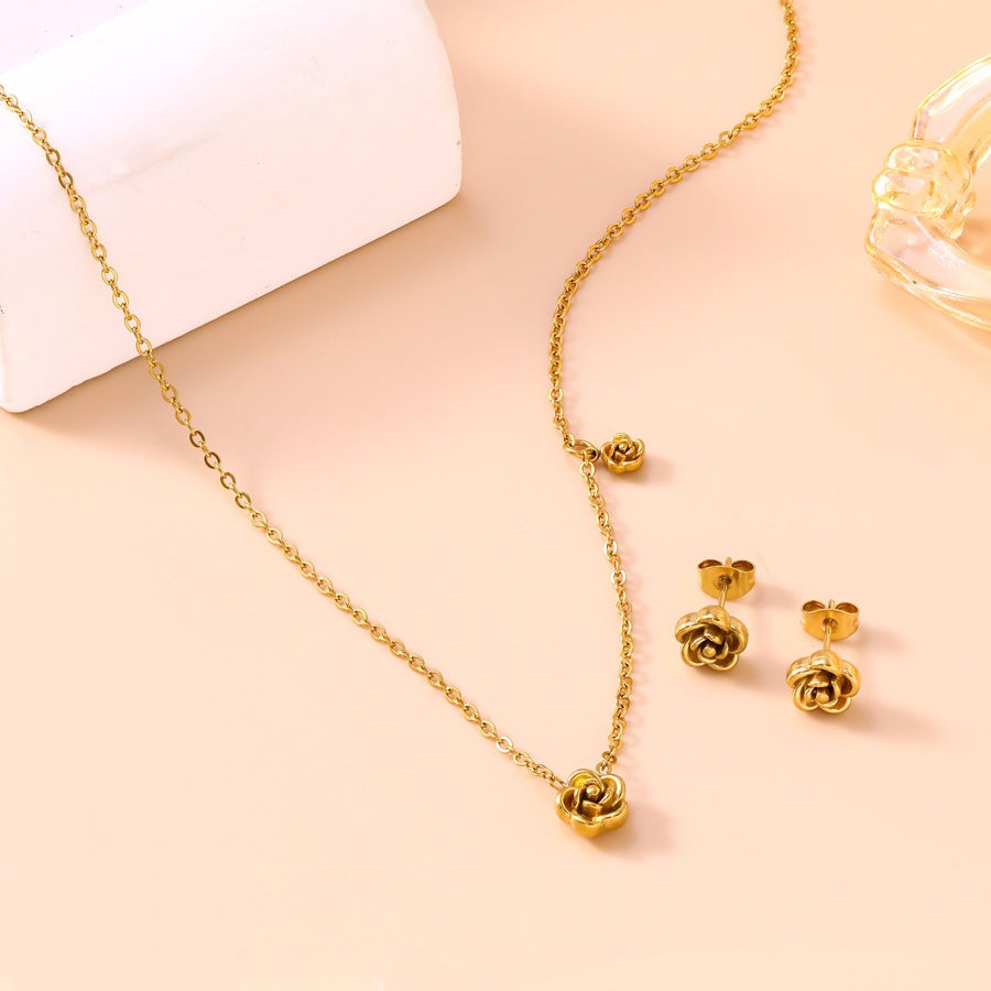 Wholesale Stainless Steel Electroplated 3D Camellia Flower Necklace and Earring Set Jewelry Gift for Women