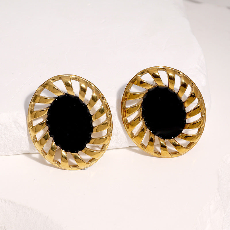 Wholesale Vintage French Oval Geometric Stud Earrings Black Stainless Steel Electroplated Trendy Jewelry Accessory For Gift