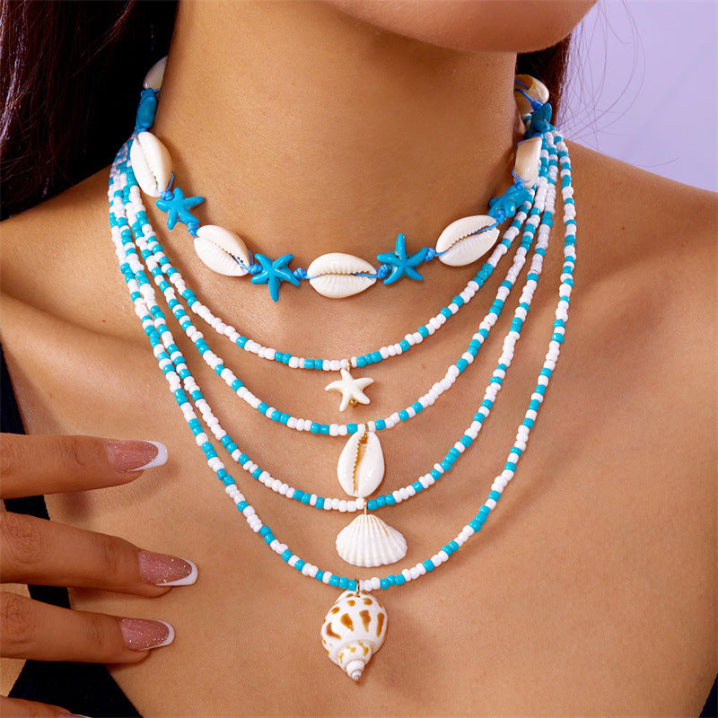 Wholesale  Multi-layer Necklace  All-match Summer Starfish Shell Conch Rice Bead Necklace 5-piece Set