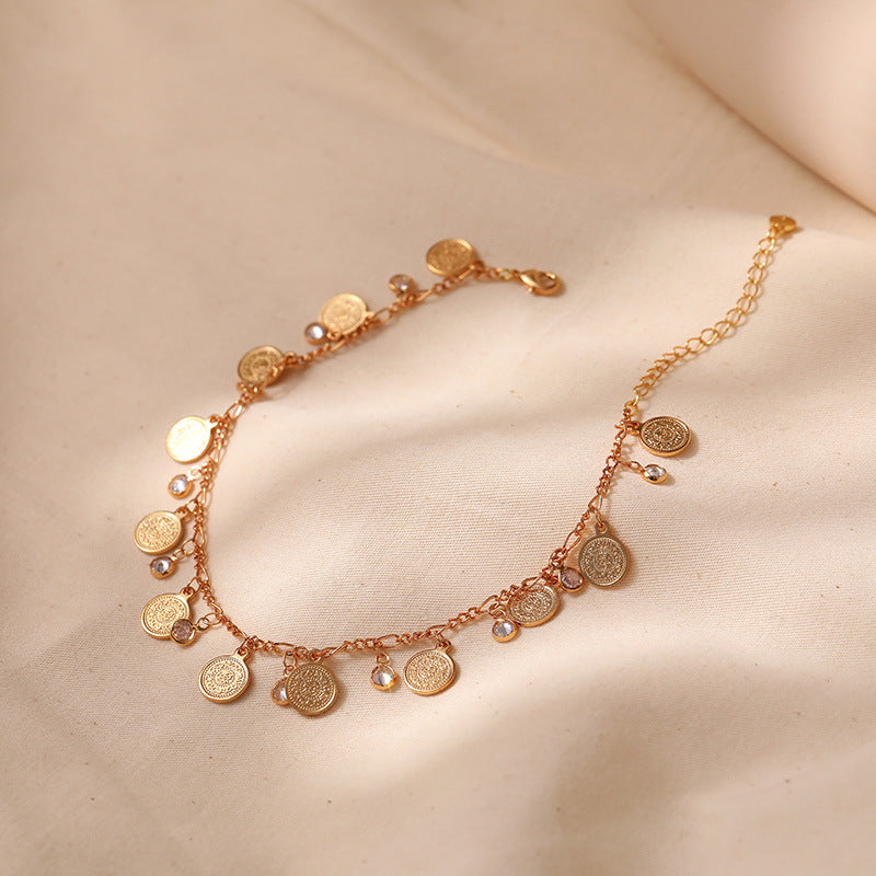 Wholesale small disc brass plated 18K real gold chain anklet
