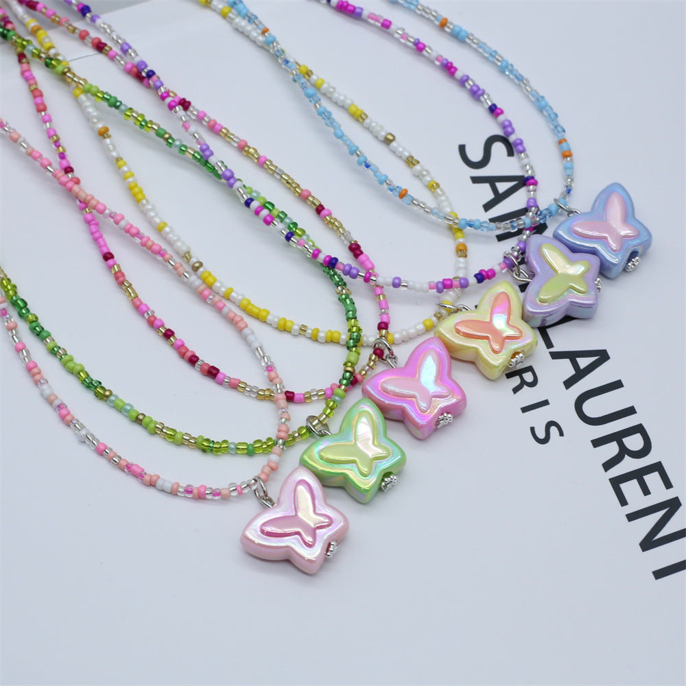 Wholesale Chic Gray Beaded Butterfly Pendant Collarbone Necklace Handmade Women S Fashion Jewelry Accessory For Resale