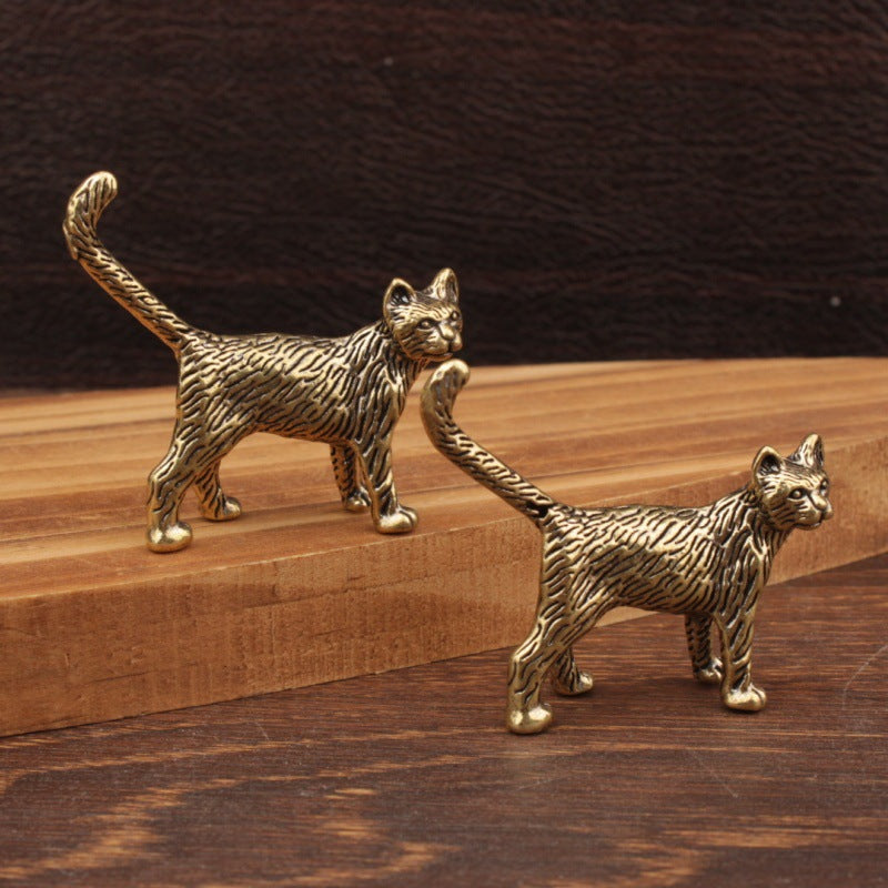 Wholesale Brass Cat Figurine Long-Tailed Chinese Style Retro Home Decor Decorative Accent