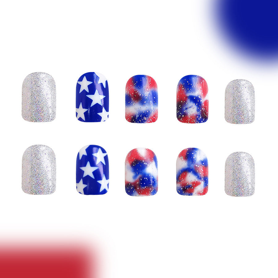 Wholesale 24 Pieces/box American Independence Day Glitter Powder Five-pointed Star Manicure Press-on Nails Kits Nail Stickers ACC-NS-GuaiXL019