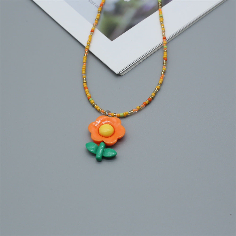 Wholesale  cute girl small rice beads necklace sunflower flower pendant clavicle chain
