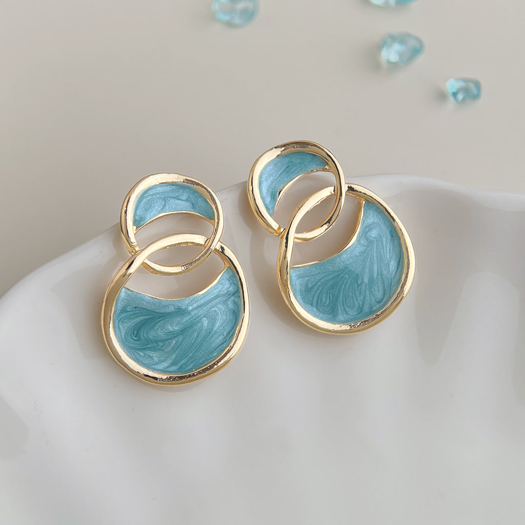 Wholesale Copper Blue Enamel Drip-Glazed Flower Earrings,  Fresh Floral Pearl Studs,  Fashion Accessory