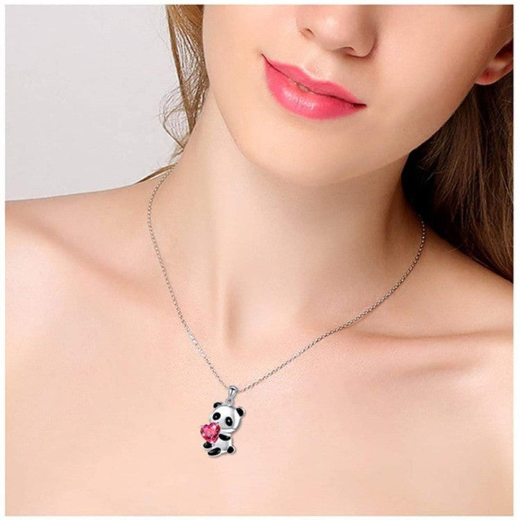 Wholesale cute pink heart-shaped square crystal Zircon panda necklace