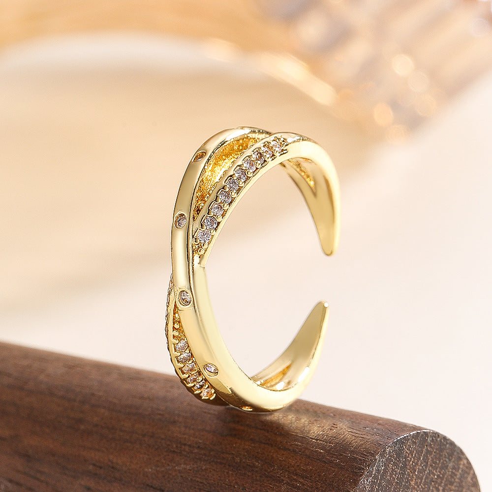 Wholesale Gold Tone Copper Zircon Vintage Open Adjustable Double Layer Ring Stylish Women S Fashion Accessory