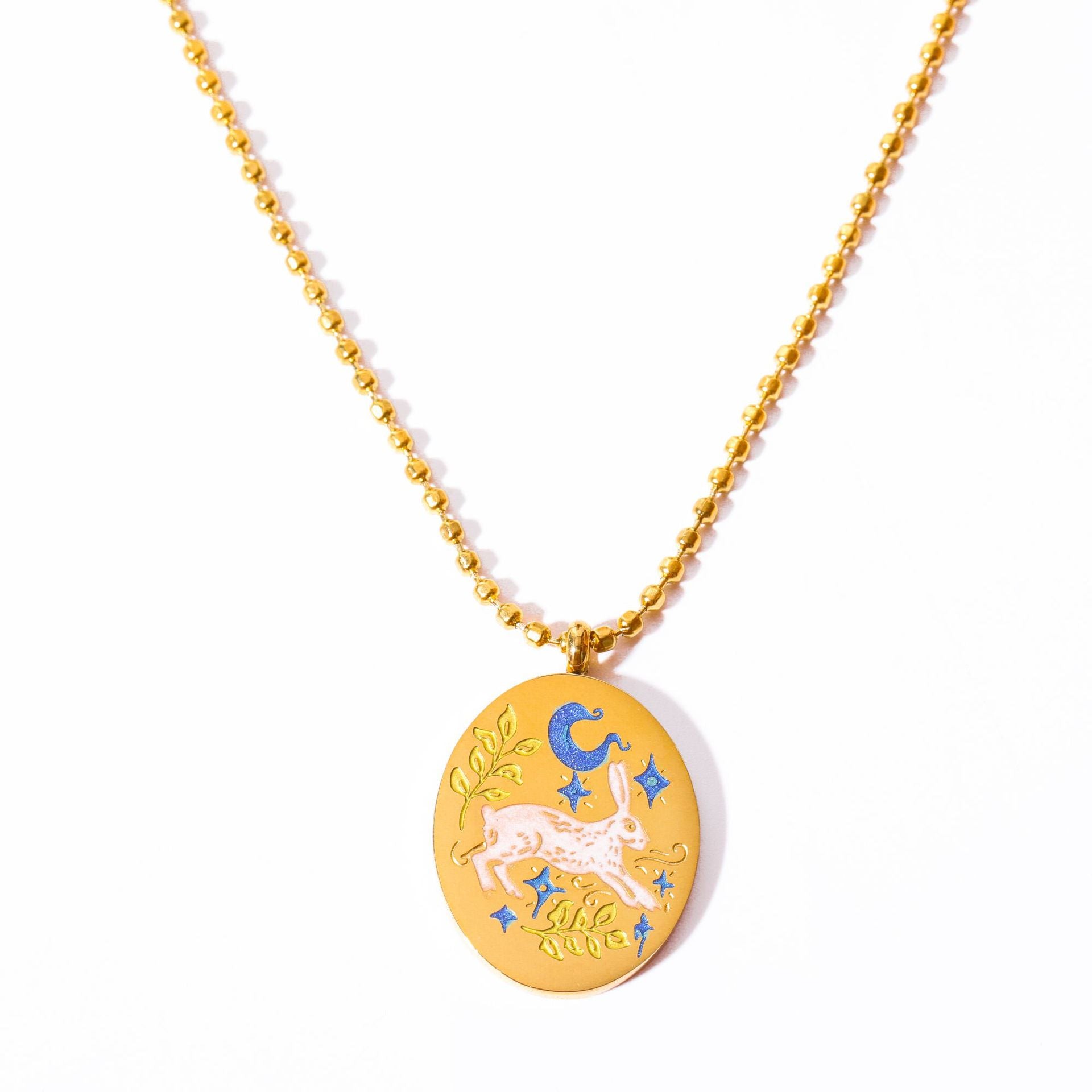 Wholesale Painted Oil Drip Rabbit Element Titanium Steel Necklace Oval Tarot Card 18K Gold Plated Necklace ACC-PT-JiP003