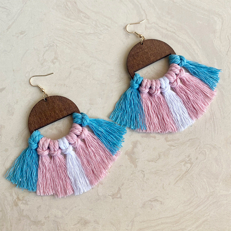 Wholesale 2 Pairs/pack LGBT Rainbow Chess Handwoven Bohemian Tassel Earrings ACC-ES-HY029