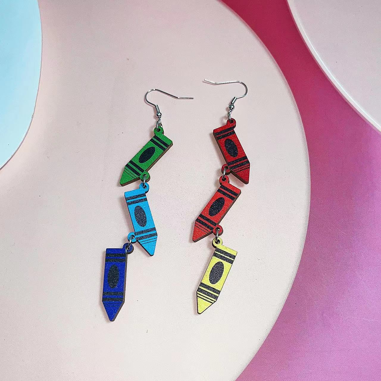 Wholesale Teacher's Day Colorful Crayon Pendant Wood Earrings ACC-ES-AnDao026