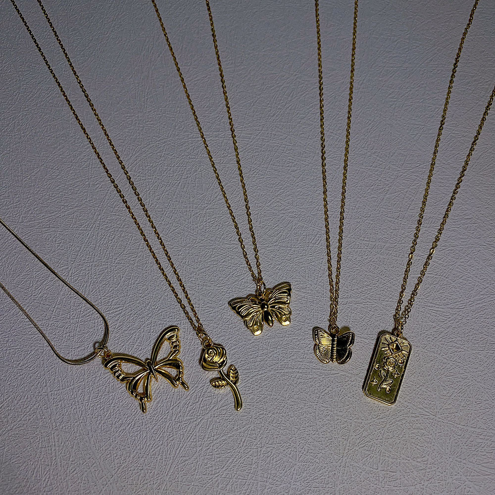 Wholesale Titanium Steel Necklace Butterfly Rose Flower Pendant Necklace ACC-NE-Yazhi003