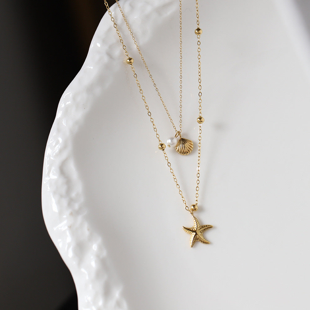 Wholesale Island Style Starfish Shell Pendant Double Layer Necklace