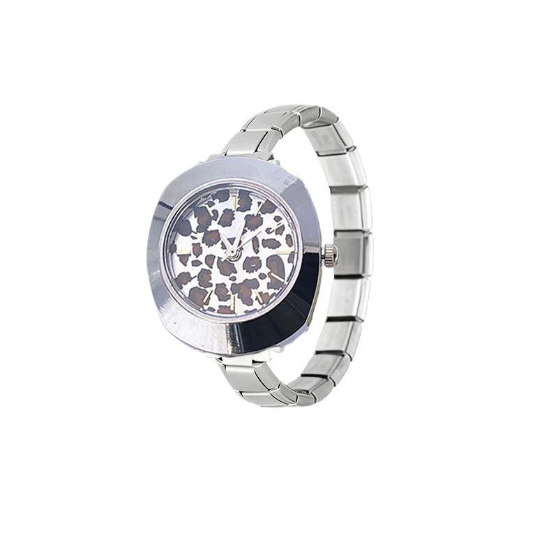 Wholesale Cross-Border Fashion Silver Leopard Print Italian Modular Quartz Watch with Stainless Steel Band,  Unisex DIY Watch Head