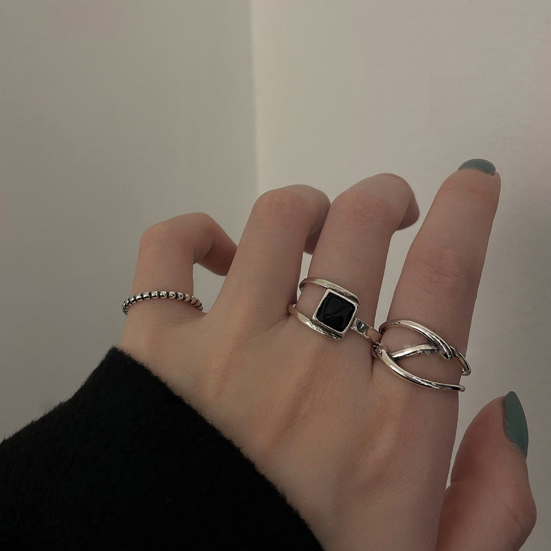 Wholesale retro geometric square black agate ring