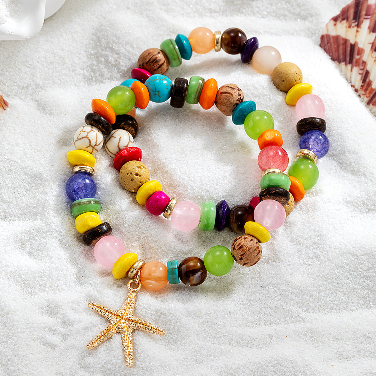 Wholesale Alloy Starfish Pendant Colorful Volcanic Stone Turquoise Coconut Shell Beaded Elastic Bracelet