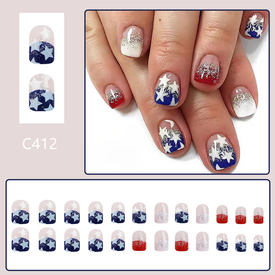 Wholesale 24 Pieces/box American Independence Day Short Glossy Red and Blue Color Glitter Manicure Press-on Nails Kits Nail Stickers ACC-NS-GuaiXL013