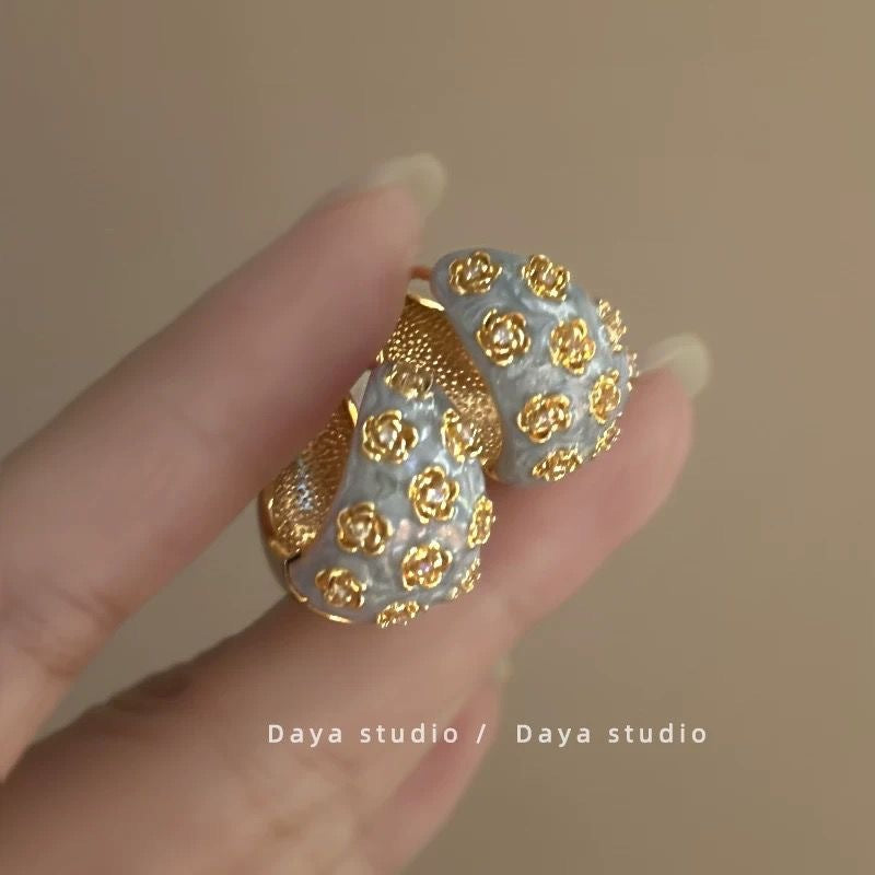 Wholesale Embossed Hazy Blue Vintage Drip Glaze Rose Flower Zircon Earrings