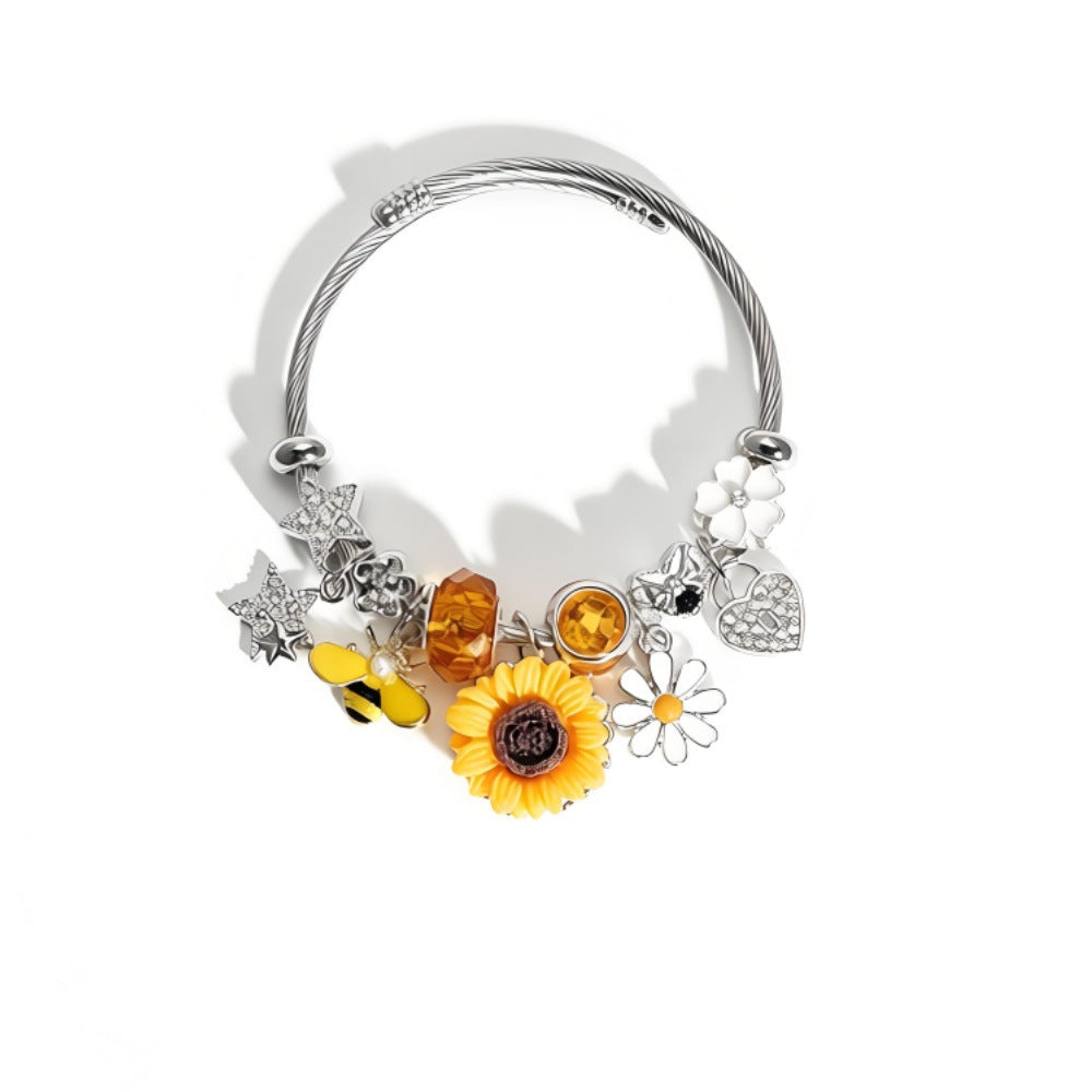 Wholesale Sunflower Bee Adjustable Open Cuff Bracelet Stainless Steel Nature Theme Fashion Accessory Boutique Resale Jewelry