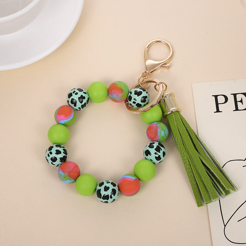Wholesale Retro Silicone Bead Bracelet Keychain With PU Tassel Mint Green Geometric Print Chic Fashion Accessory For Everyday Use