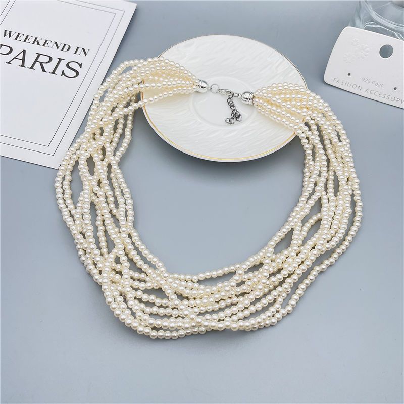 Wholesale retro multi-layer silver gray glass pearl necklace