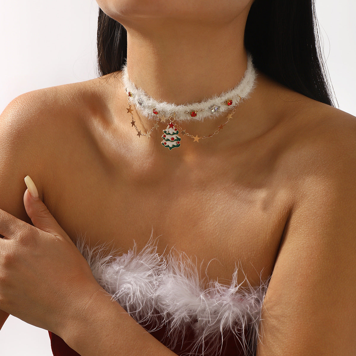 Wholesale Christmas tree choker plush necklace accessories niche design necklace