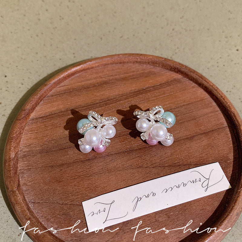 Wholesale Korean Style Colorful Pearl Grape Cluster Bow Earrings Summer Sweet Fashion Jewelry Accessory For Party Gift