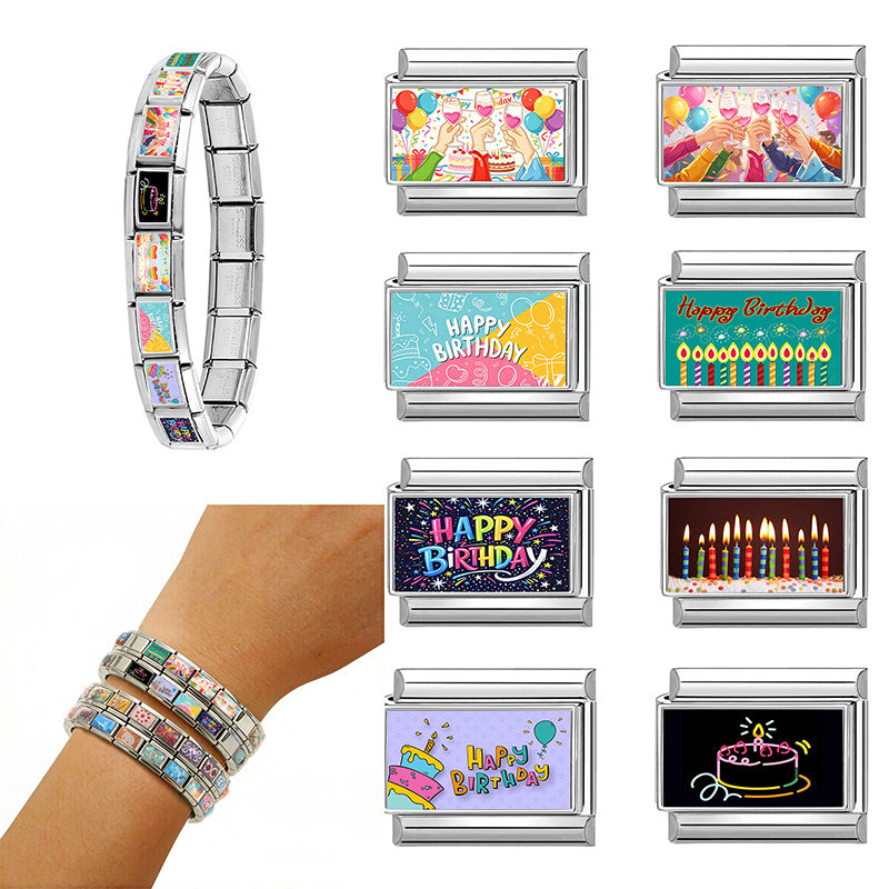 Wholesale Italian Style Birthday Theme Patchwork Stainless Steel Bracelet Fashion Accessory Gift
