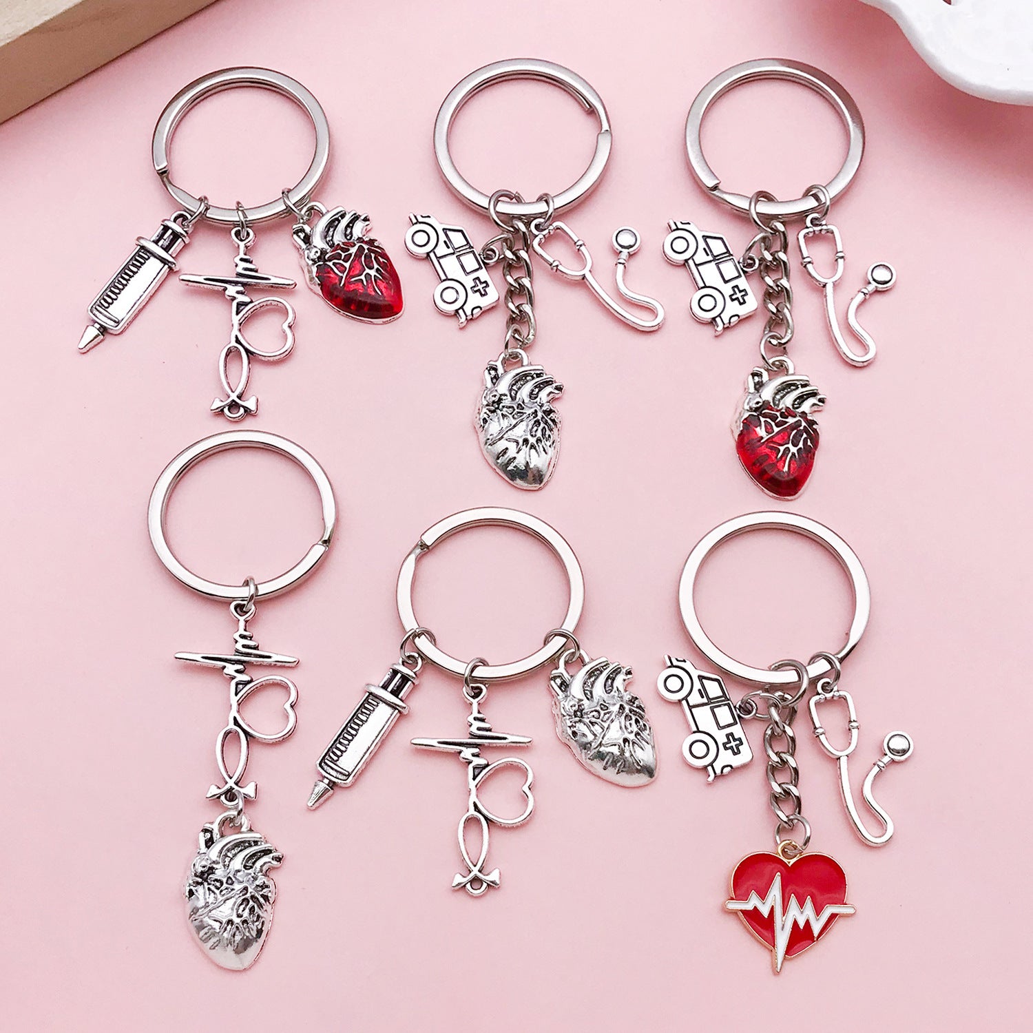 Wholesale Antique Silver Alloy Medical Syringe Stethoscope Keychain Red Heart EKG Design Creative Gift Car Key Accessory