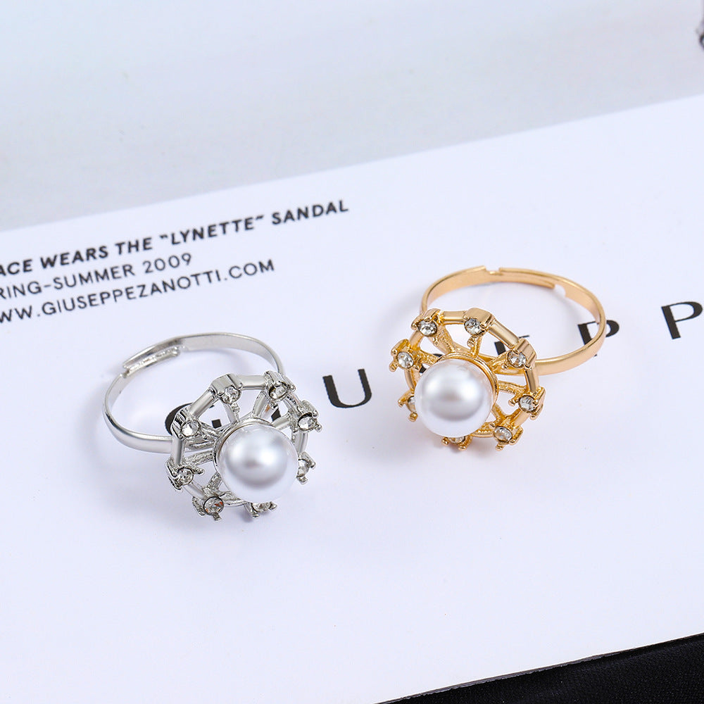 Wholesale  Pearl Ring diamond-embedded hollow flower index finger ring