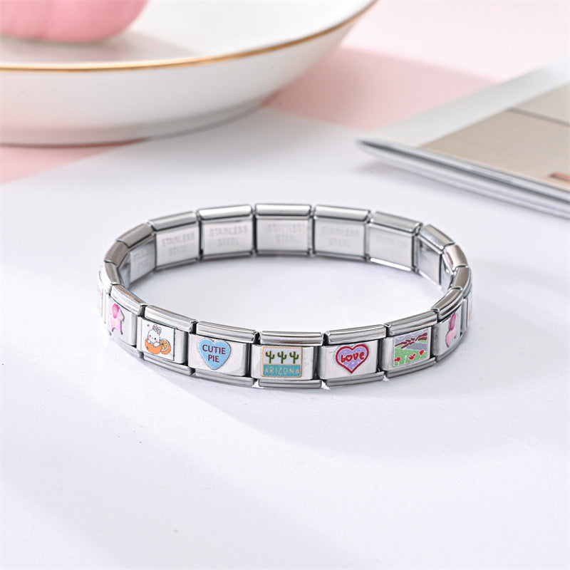 Wholesale Stainless Steel Modular Elastic Bracelet Square Train Card Printed Fashion Accessory