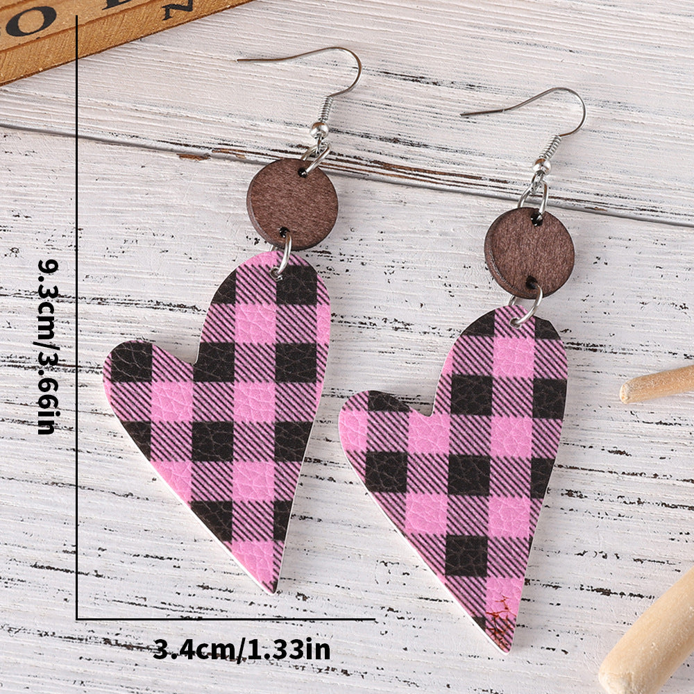 Wholesale Faux leather Valentine' s Day checkered heart double-sided dangle earrings