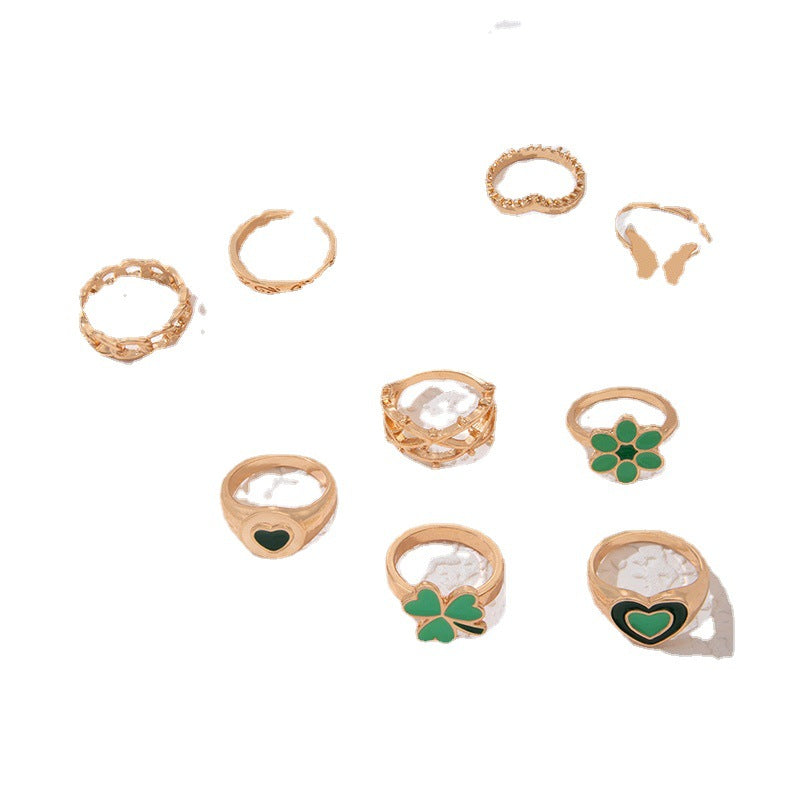 Wholesale 9pcs Easter Green Oil Drop Four-leaf Clover Heart-shaped Contrast Ring Set ACC-RS-YongGe017