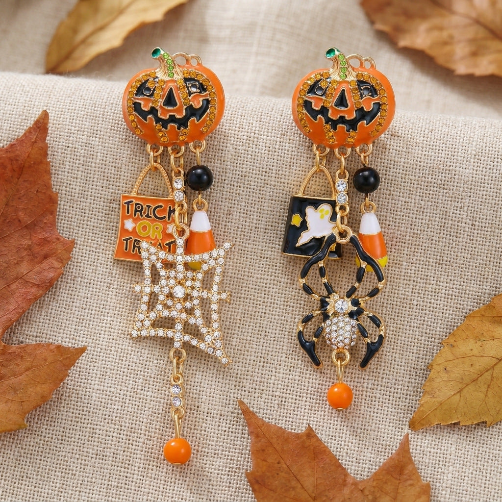 Wholesale  Ghost Pumpkin Earrings with Rhinestone Tassel,  Asymmetric Alloy Ear Studs for Women,  Fashion Accessory for Resale