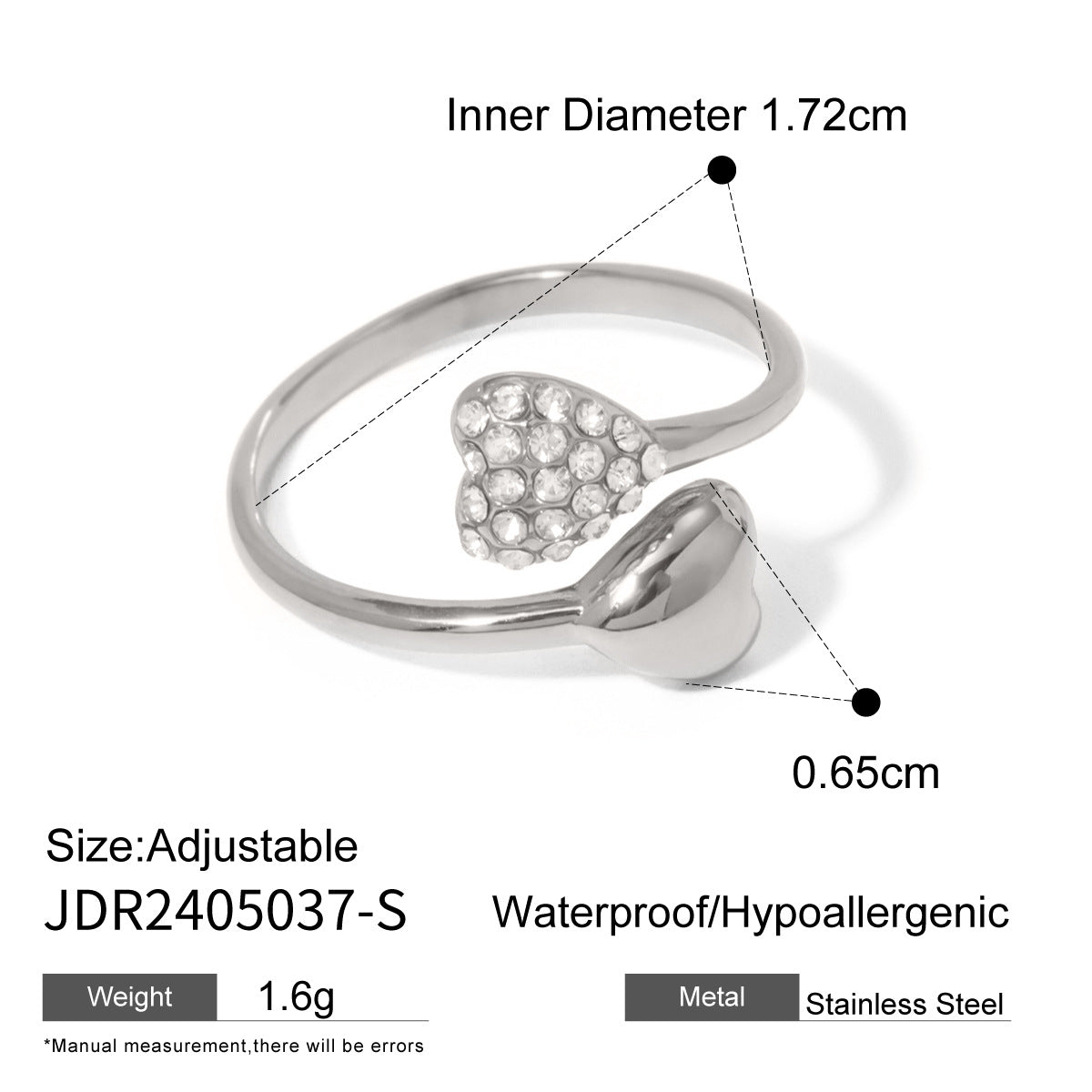 Wholesale 18k gold  titanium steel asymmetric love shaped diamond opening ring