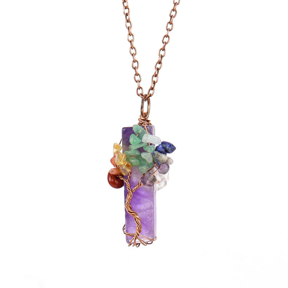 Wholesale Irregular Natural Stone Amethyst Tree Of Life Pendant Necklace Handwoven Fashion Jewelry Boutique Resale