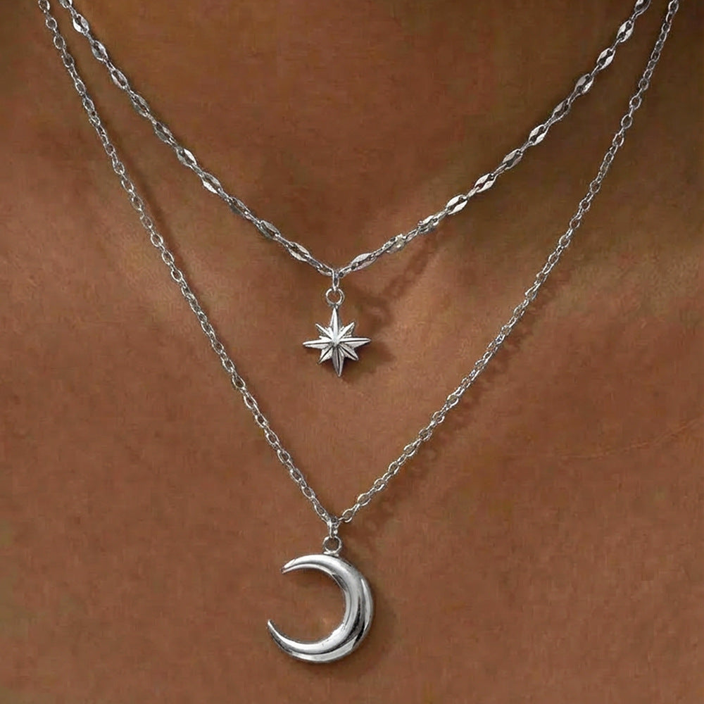Wholesale Stainless Steel Moon And Eight Star Pendant Layered Women S Necklace Chic Collarbone Chain Everyday Jewelry Accessory Gift
