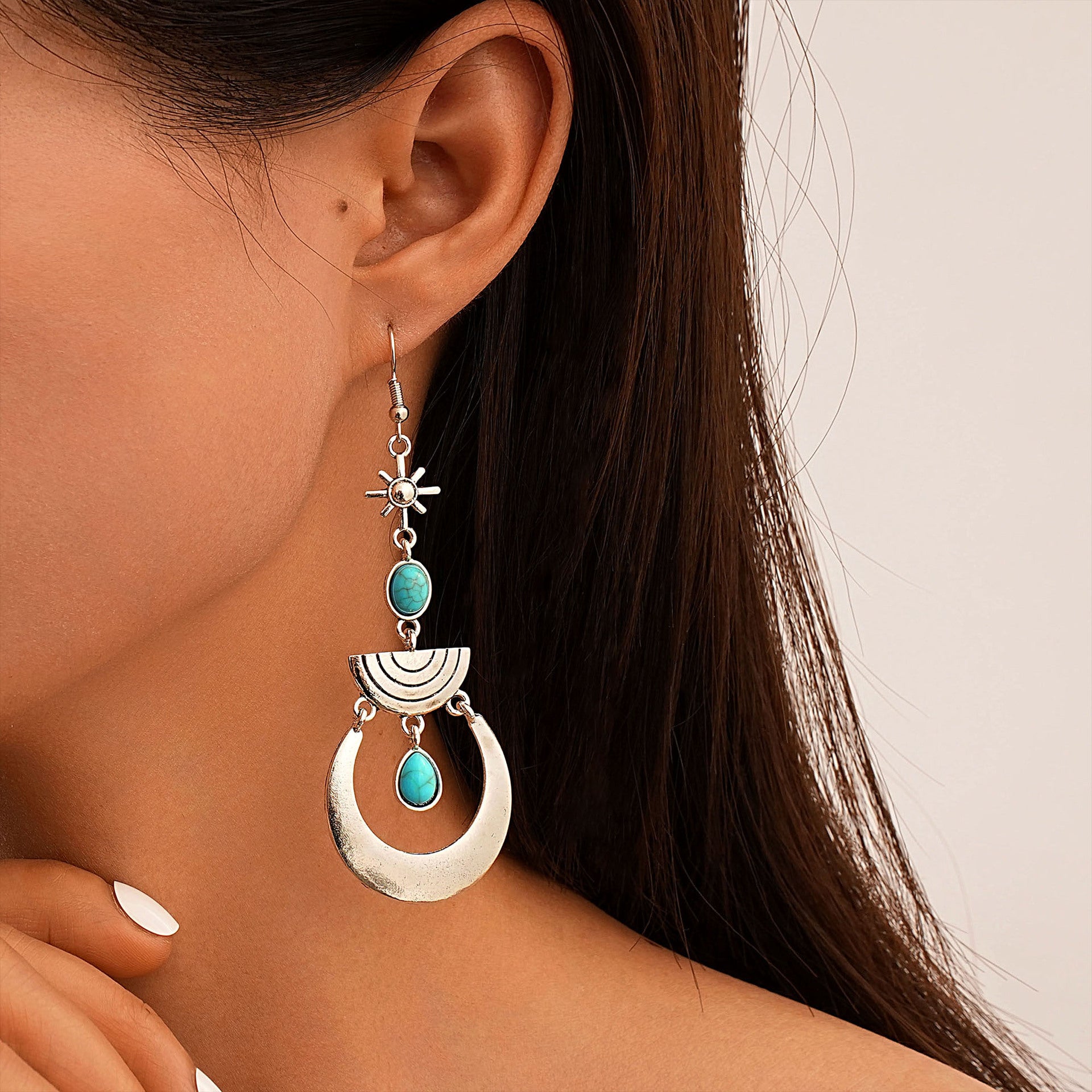 Wholesale  Long Earrings Retro Bohemian Style Crescent Turquoise Tassel Earrings