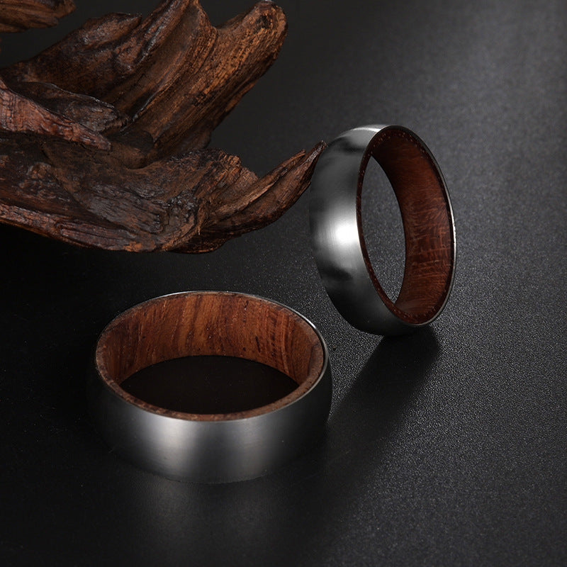 Wholesale inner ring inlaid rosewood titanium steel men's ring