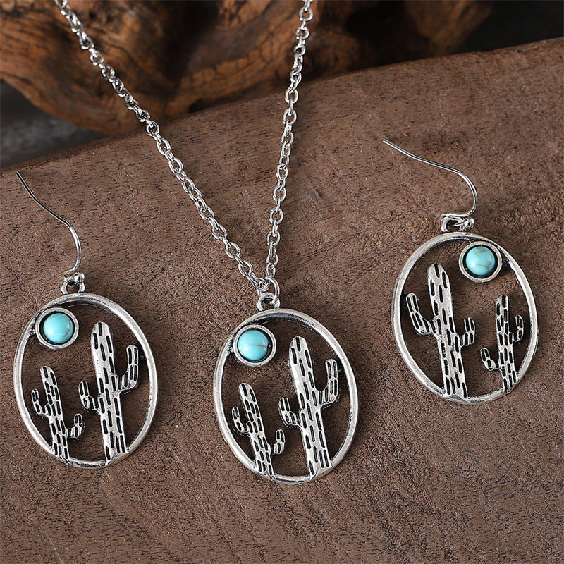 Wholesale Creative hollow cactus geometric oval earrings necklace