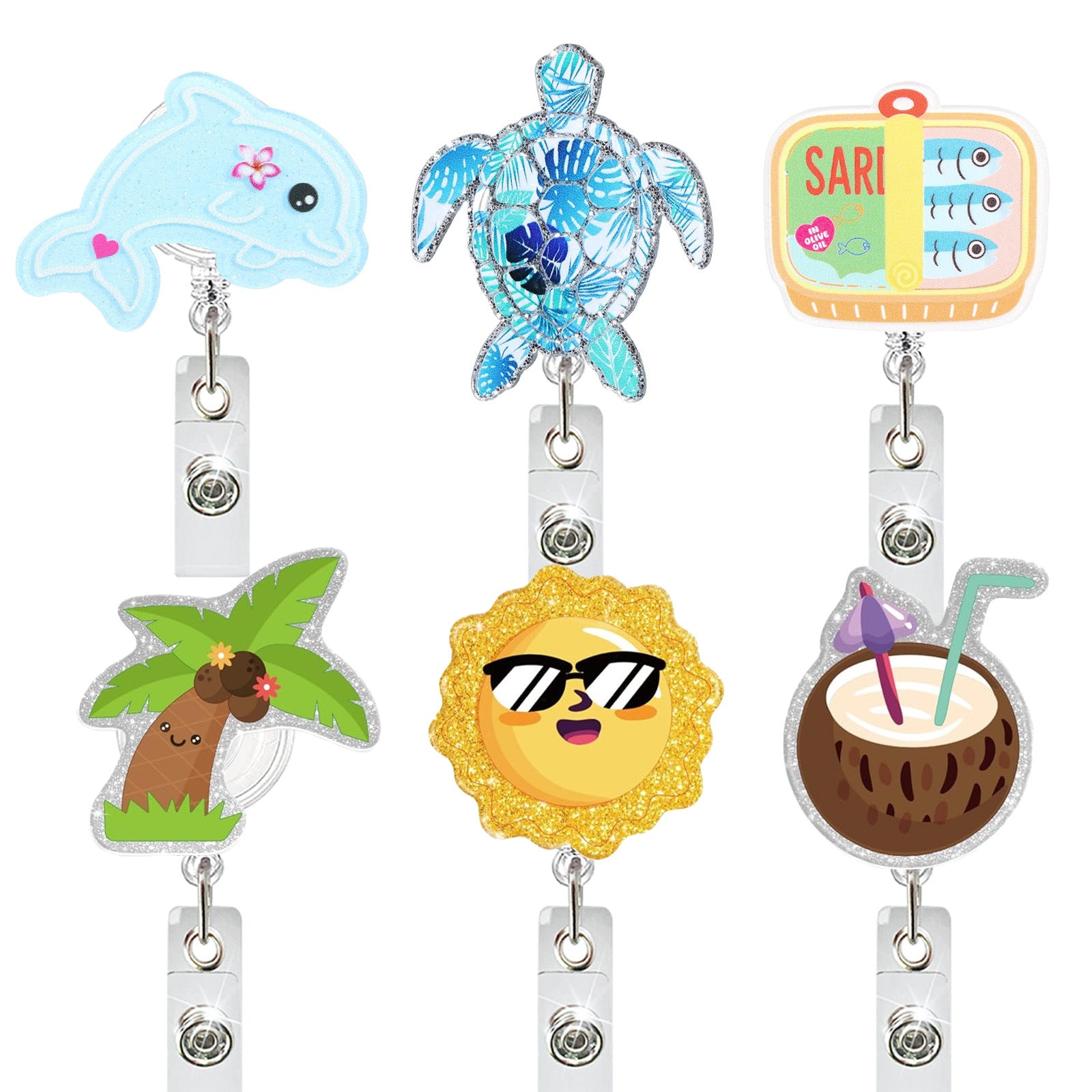 Wholesale Ocean-Themed Acrylic Retractable ID Badge Reel - nut Tree Dolphin Sea Turtle Design,  Office Gift