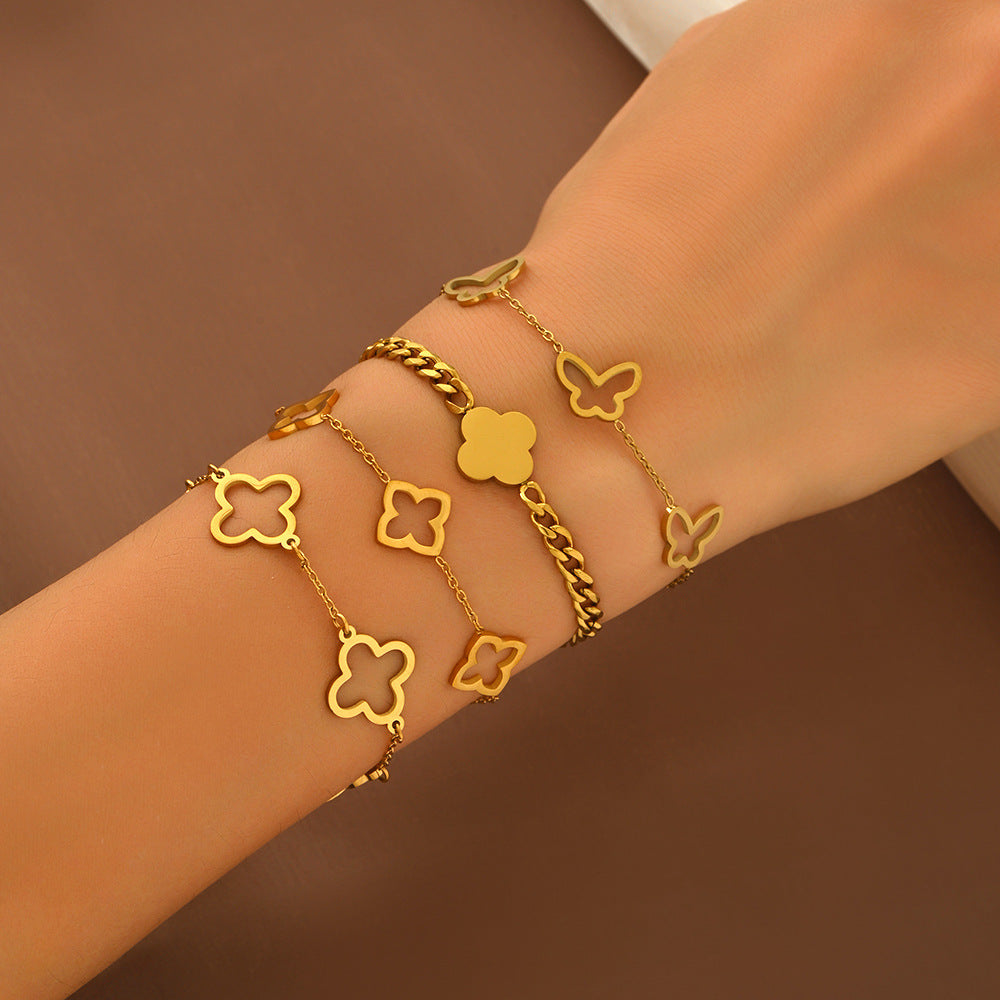 Wholesale Cross-Border Titanium Steel Four-Leaf Clover Lucky Hollow Flower Design Fashionable and Simple Factory Wholesale Direct Sales Bracelet for Women Hot Style