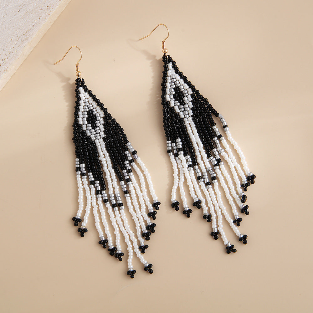 Wholesale Exaggerated Rhombus Colorful Rice Beads Tassel Earrings Bohemian Style ACC-ES-Lant002